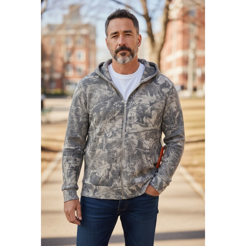 572 Negative Space Mens Waffle Knit Thermal Full Zip Hoodie Grey Camo Large